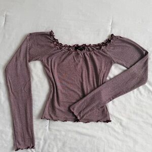 Forever 21 Burgundy and White Striped Off-Shoulder Long Sleeve Top